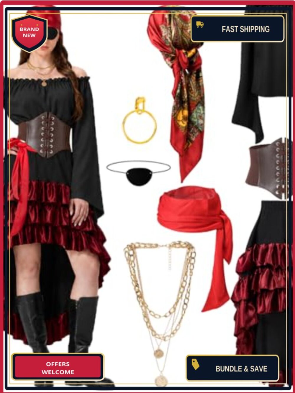 Womens Pirate Costume Renaissance Outfit Shirt Corset Belt Halloween Set